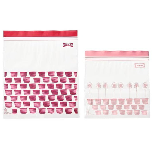 IKEA Resealable bag, patterned red/pink, 2.5 Liter  (25 Bag) +1.2 Liter (25 Bag)