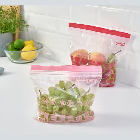 IKEA Resealable bag, patterned red/pink, 2.5 Liter  (25 Bag) +1.2 Liter (25 Bag)