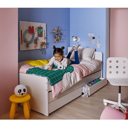 SLÄKT Bed frame with underbed and storage, white, 90x200 cm