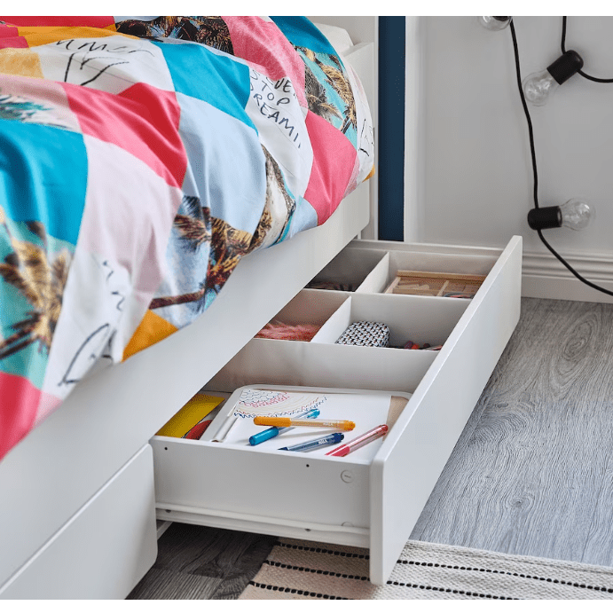 SLÄKT Bed frame with underbed and storage, white, 90x200 cm