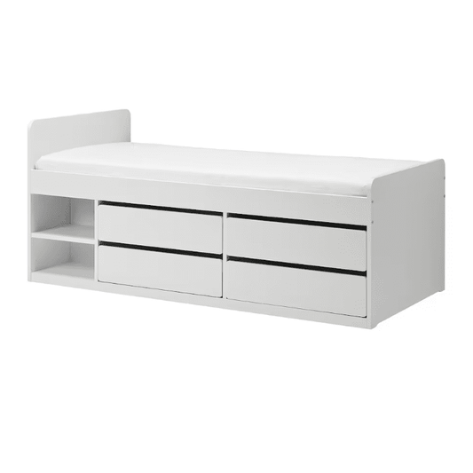 SLÄKT Bed frame w storage+slatted bedbase, white, 90x200 cm