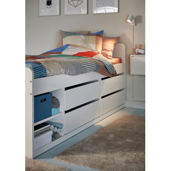 SLÄKT Bed frame w storage+slatted bedbase, white, 90x200 cm