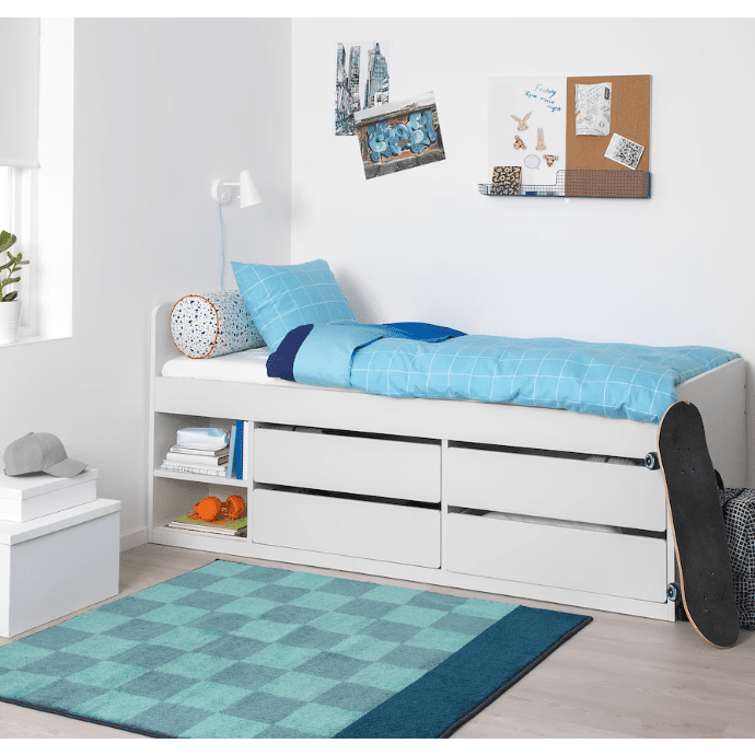 SLÄKT Bed frame w storage+slatted bedbase, white, 90x200 cm