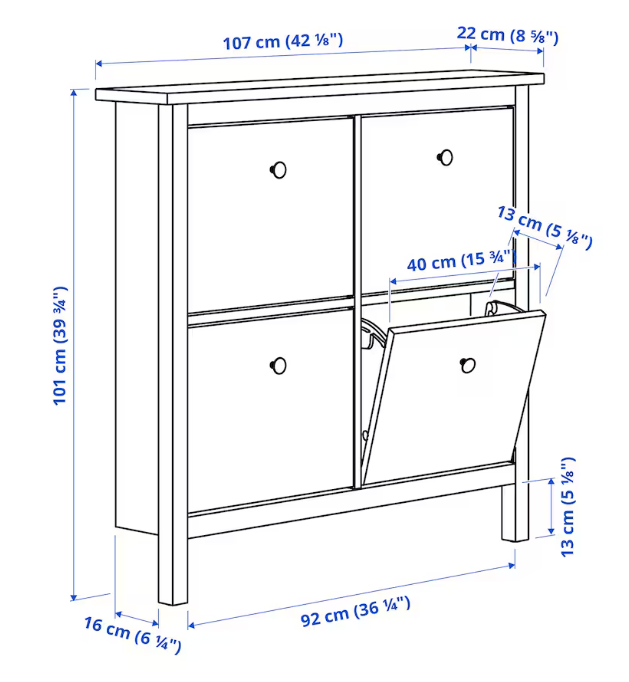 IKEA HEMNES Shoe cabinet with 4 compartments, white, 107x22x101 cm