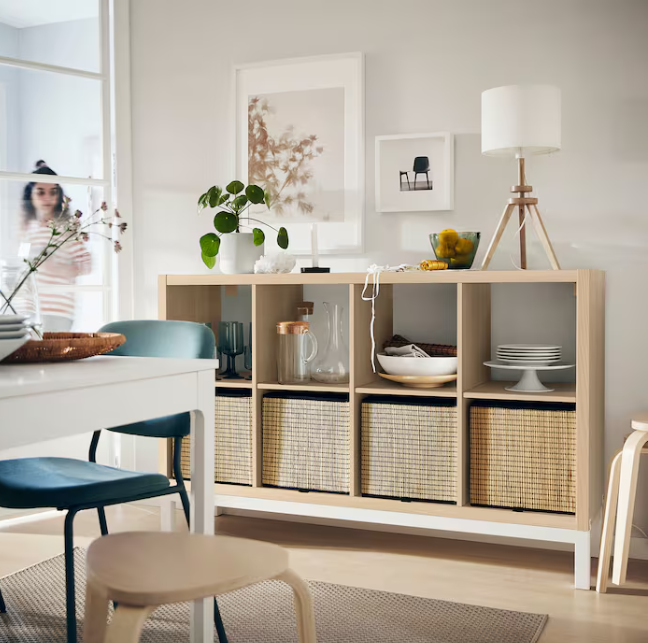 KALLAX Shelving unit with underframe, white stained oak effect/white, 147x94 cm