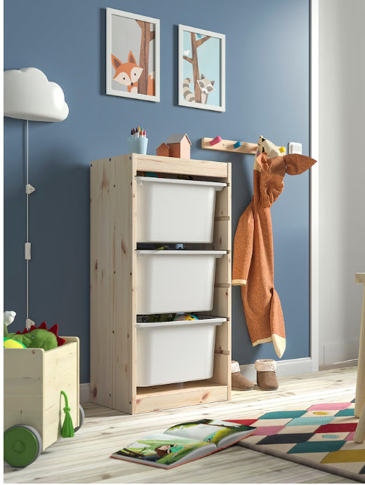 TROFAST Storage combination with boxes, light white stained pine/white, 44x30x91 cm