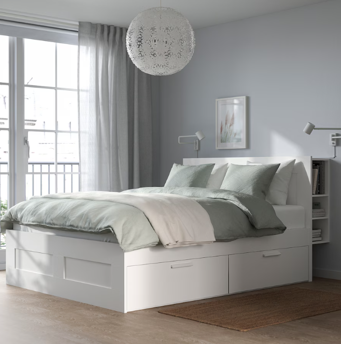 BRIMNES Bed frame w storage and headboard, white/Luröy, 140x200 cm