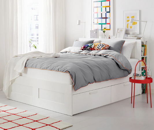 BRIMNES Bed frame w storage and headboard, white/Luröy, 140x200 cm