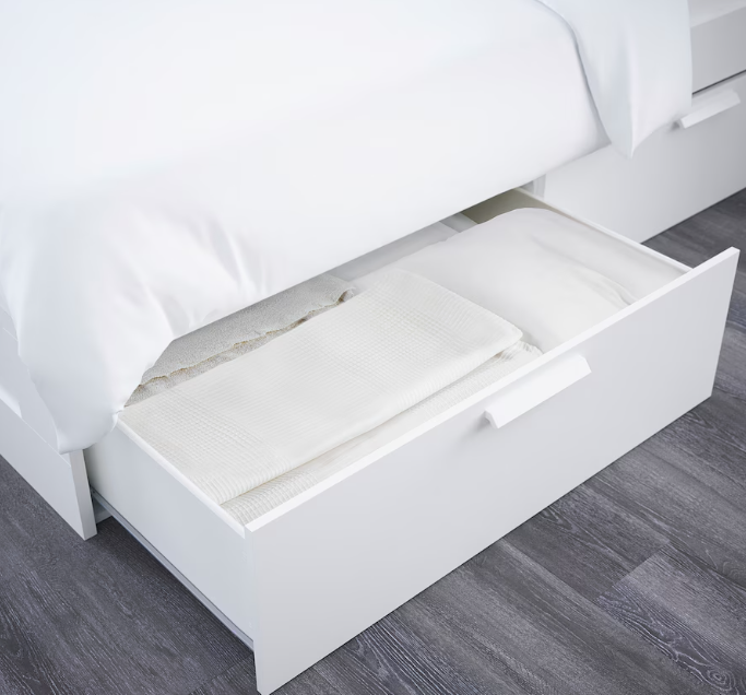 BRIMNES Bed frame w storage and headboard, white/Luröy, 140x200 cm