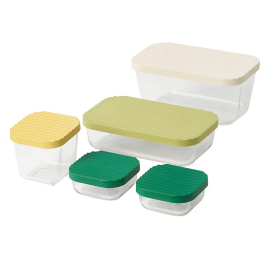 IKEA HAVSTOBIS Food container with lid, set of 5, transparent/multicolour