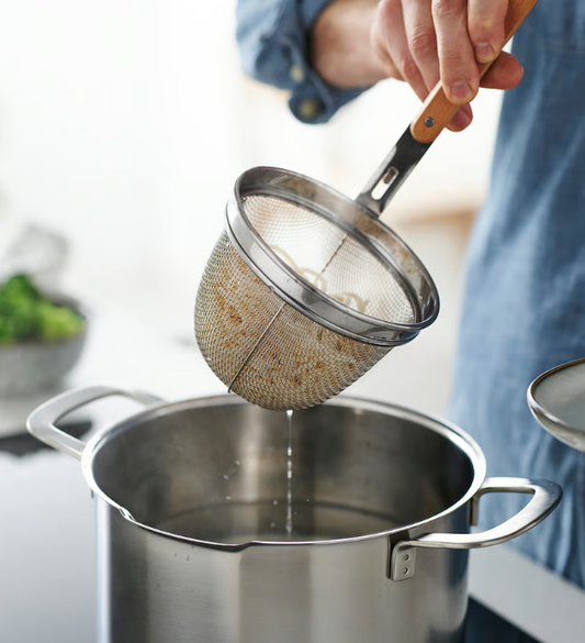 IKEA VARDAGEN Noodle strainer, stainless steel/beech, 30 cm