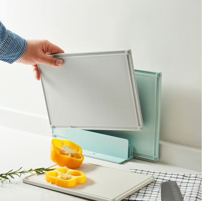 IKEA GUMMIHAJ Holder with 3 chopping boards, mixed colours