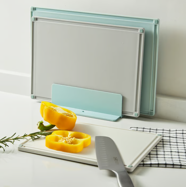 IKEA GUMMIHAJ Holder with 3 chopping boards, mixed colours