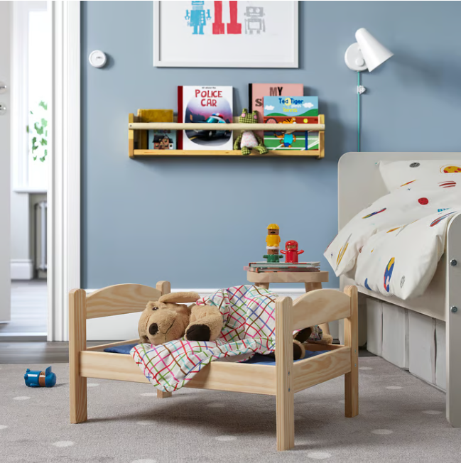 IKEA DUKTIG Doll's bed with bedlinen set, pine/multicolour