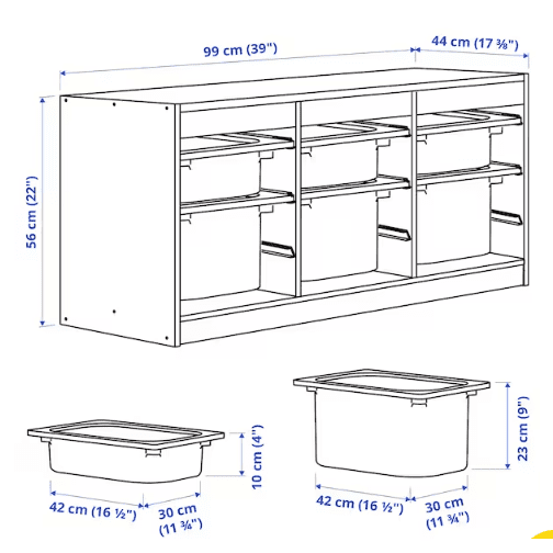 IKEA Storage combination with boxes, white, 99x44x56 cm