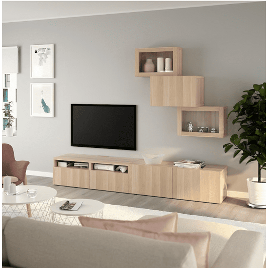 IKEA TV storage combination/glass doors, white stained oak effect/Lappviken white stained oak eff clear glass, 240x42x190 cm