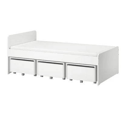 Bed frame with 3 storage boxes, white, 90x200 cm