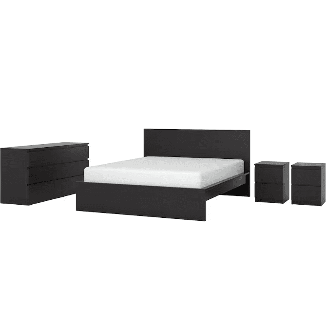 MALM Bedroom furniture, set of 4, black-brown, 140x200 cm