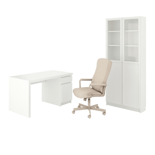 MALM/MILLBERGET / BILLY/OXBERG Desk and storage combination, and swivel chair white/beige