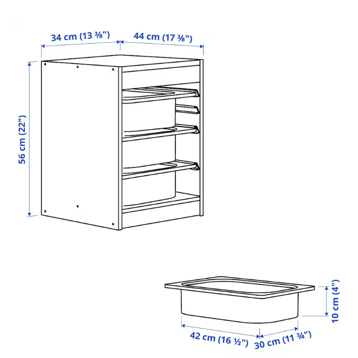 TROFAST Storage combination with boxes, grey/white, 34x44x56 cm