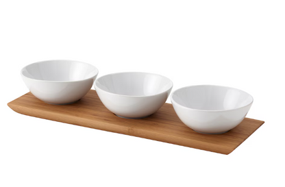 TYNGDLÖS Tray with 3 bowls, bamboo/white