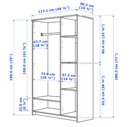 BRIMNES Wardrobe with 3 doors, white, 117x190 cm