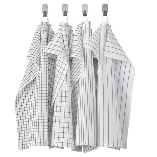 RINNIG Tea towel, white/dark grey/patterned, 45x60 cm