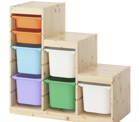 TROFAST Storage combination with boxes, light white stained pine white/multicolour, 94x44x91 cm