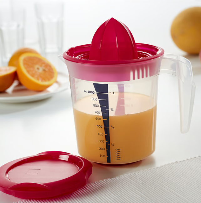 IKEA INFRIA Jug with lid and citrus squeezer, transparent/cerise, 1.0 l