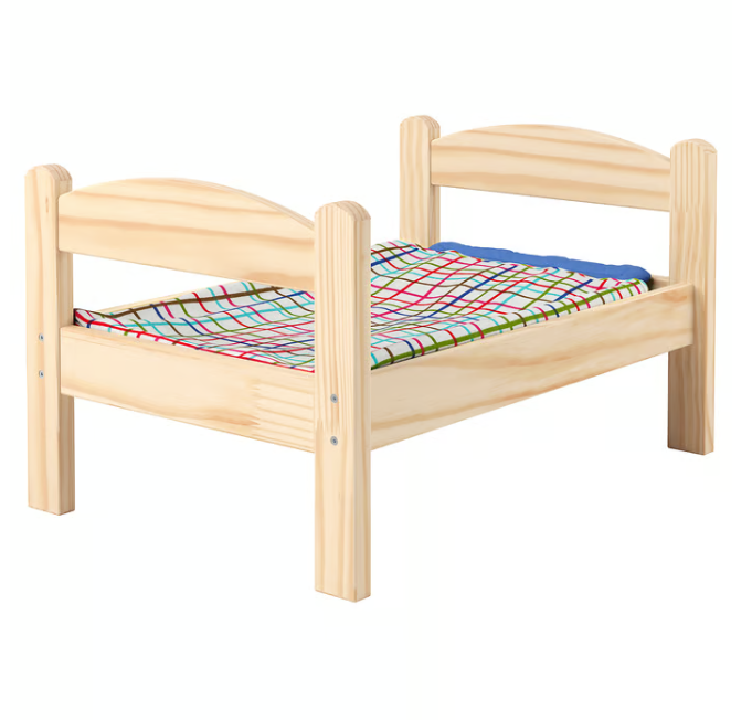 IKEA DUKTIG Doll's bed with bedlinen set, pine/multicolour