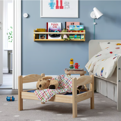 IKEA DUKTIG Doll's bed with bedlinen set, pine/multicolour