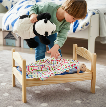 IKEA DUKTIG Doll's bed with bedlinen set, pine/multicolour