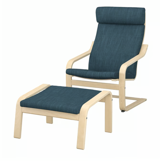 IKEA POÄNG Armchair and footstool, birch veneer/Hillared dark blue