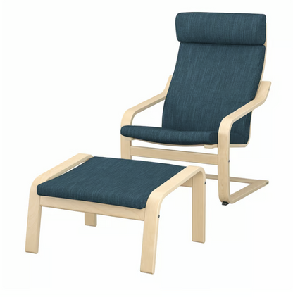 IKEA POÄNG Armchair and footstool, birch veneer/Hillared dark blue