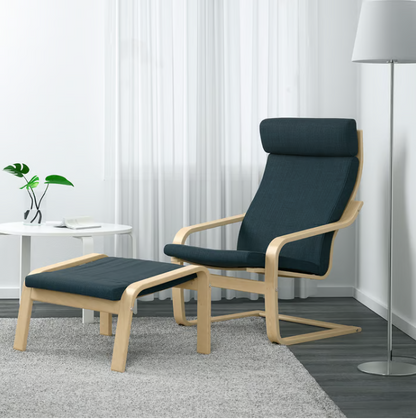 IKEA POÄNG Armchair and footstool, birch veneer/Hillared dark blue