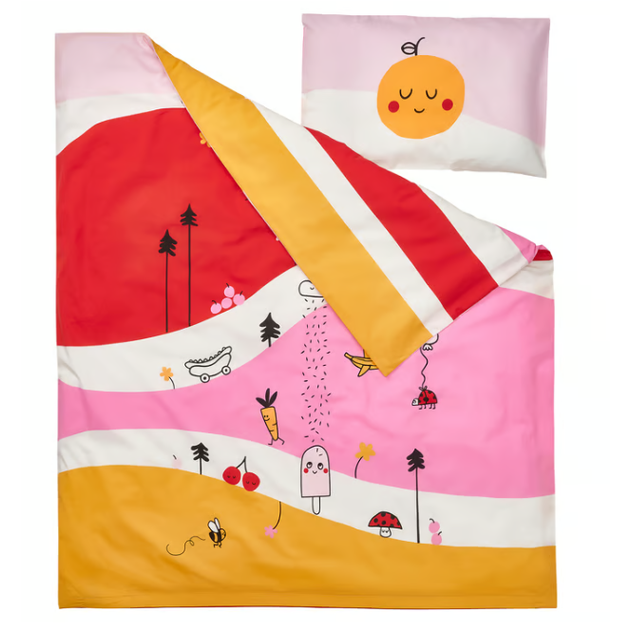 IKEA GRÖNFINK Duvet cover 1 pillowcase for cot, multicolour/striped, 110x125/35x55 cm