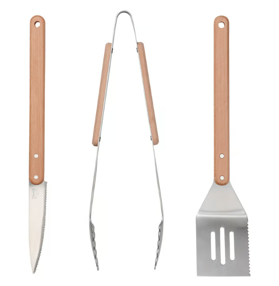 IKEA GRILLTIDER 3-piece barbecue tools set, stainless steel/beech