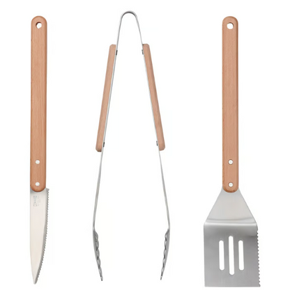 IKEA GRILLTIDER 3-piece barbecue tools set, stainless steel/beech