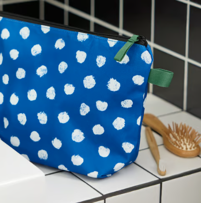 IKEA SKOGSSALLAT Toiletry bag, blue/white/dotted