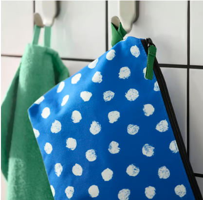 IKEA SKOGSSALLAT Toiletry bag, blue/white/dotted